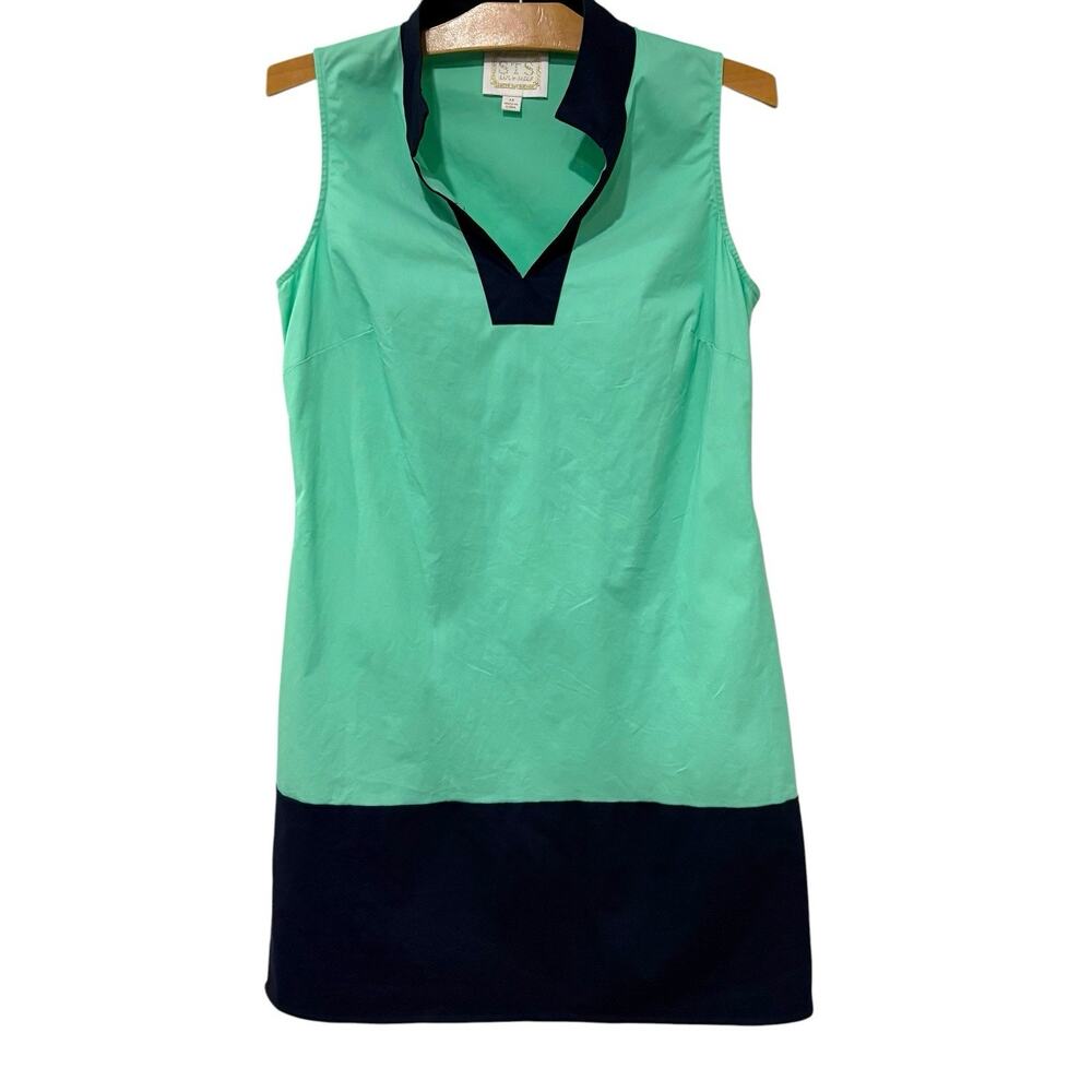 Sail to Sable | Dress Sleeveless Colorblock Navy Green V Neck Preppy Size Medium